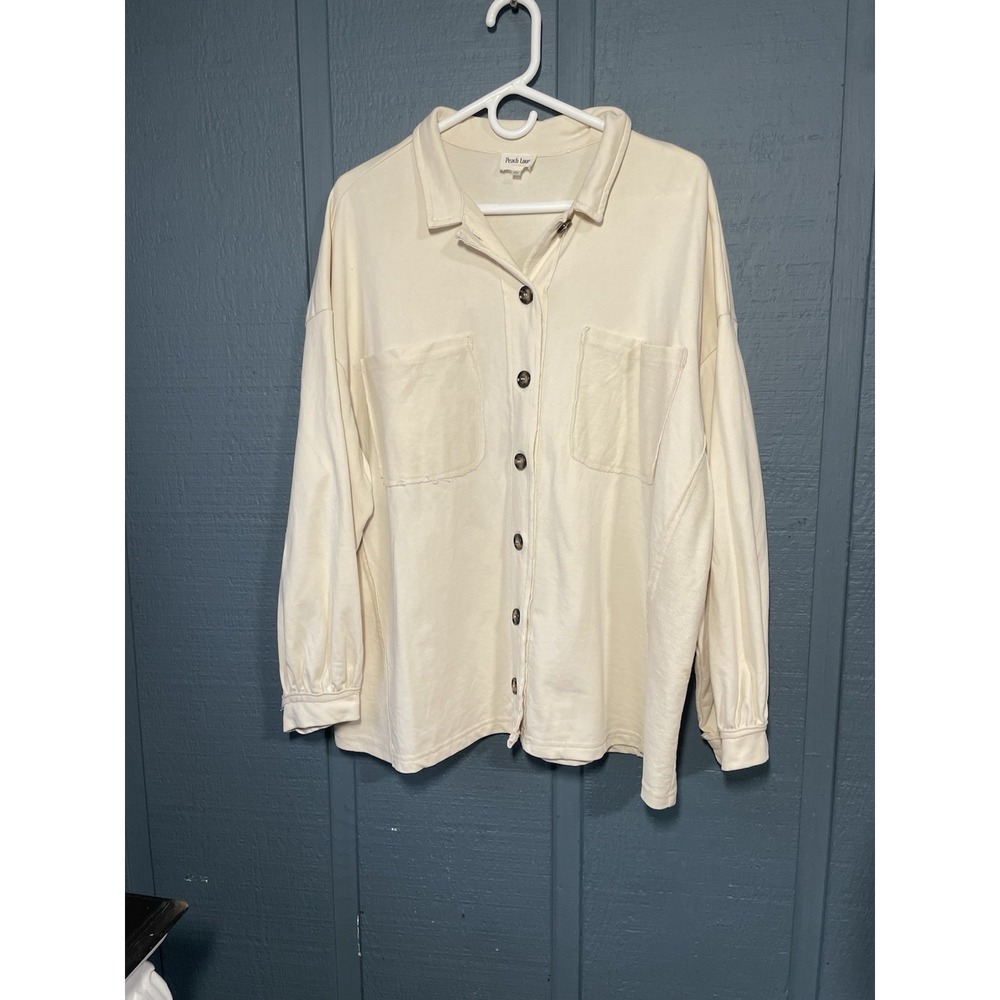 Peach Love California Botton Up Shirt in a sandstone or cream color